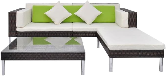 vidaXL Patio Furniture Set 4 Piece, Patio Conversation Set with Cushions, Sectional Sofa with Coffee Table, Wicker Furniture for Garden, Poly Rattan Brown