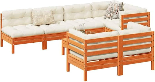 8 Piece Patio Sofa Set with Cushions, Garden Lounge Set Front Porch Furniture Outdoor Dining Sets Patio Conversation Set for Poolside Garden Negotiation Area Piazza Wax Brown Solid Wood Pine