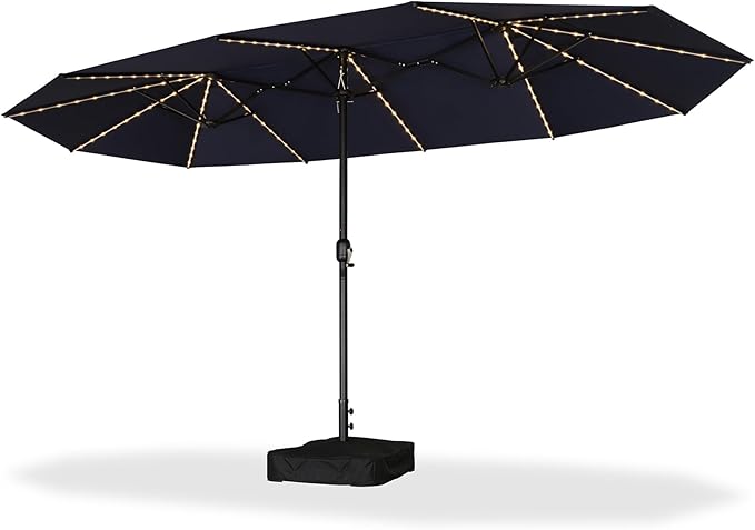 PURPLE LEAF 14ft Patio Market Umbrella with Solar LED and Base Double-Sided Rectangle Outdoor Table Sun Umbrellas with Crank for Pool Beach Deck Backyard Navy Blue