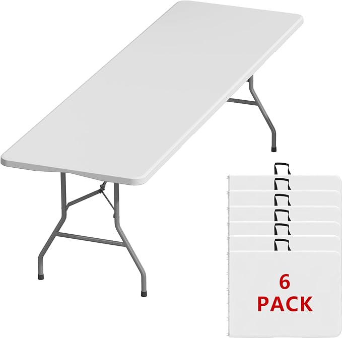 8FT Folding Tables – Heavy Duty Portable Foldable Picnic Table with Built-in Handle, 450 lb Capacity – Ideal for Events, Parties, Crafts, Camping & Dining (6-Pack, White)