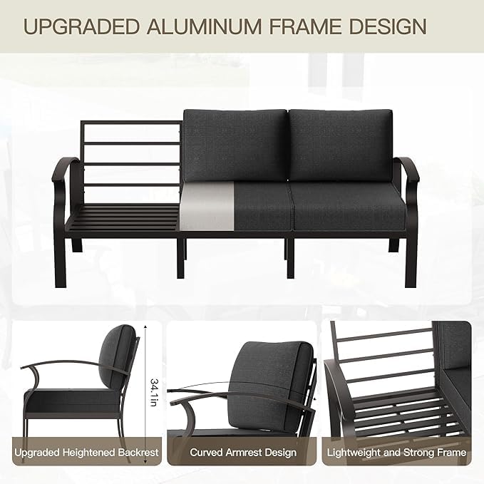 Aluminum Patio Furniture Set with Coffee Table,5 Seats Metal Modern Outdoor Furniture Set w/5.1" Thick Cushions,Patio Sectional w/Swivel Chairs for Backyard,Patio,Black