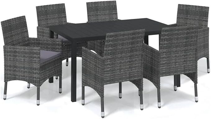 BOWERY HILL Contemporary Poly Rattan & Steel Patio Dining Set, 7-Piece, Gray Matte Finish, Weather-Resistant, Comfortable Cushions, Seats 6, Modern Design Outdoor Furniture for Garden or Terrace