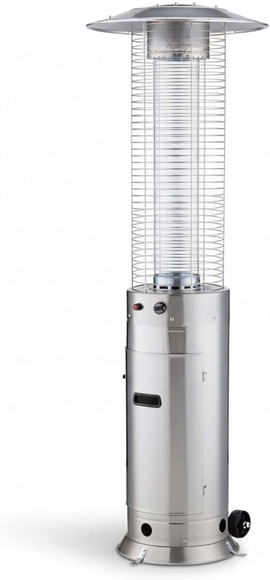 46,000 BTU Stainless Steel Round Commercial Propane Outdoor Patio Heater with Glass Flame Tube and Protective Mesh – Freestanding Portable Design with Wheels for Patio, Deck, Restaurant, Events