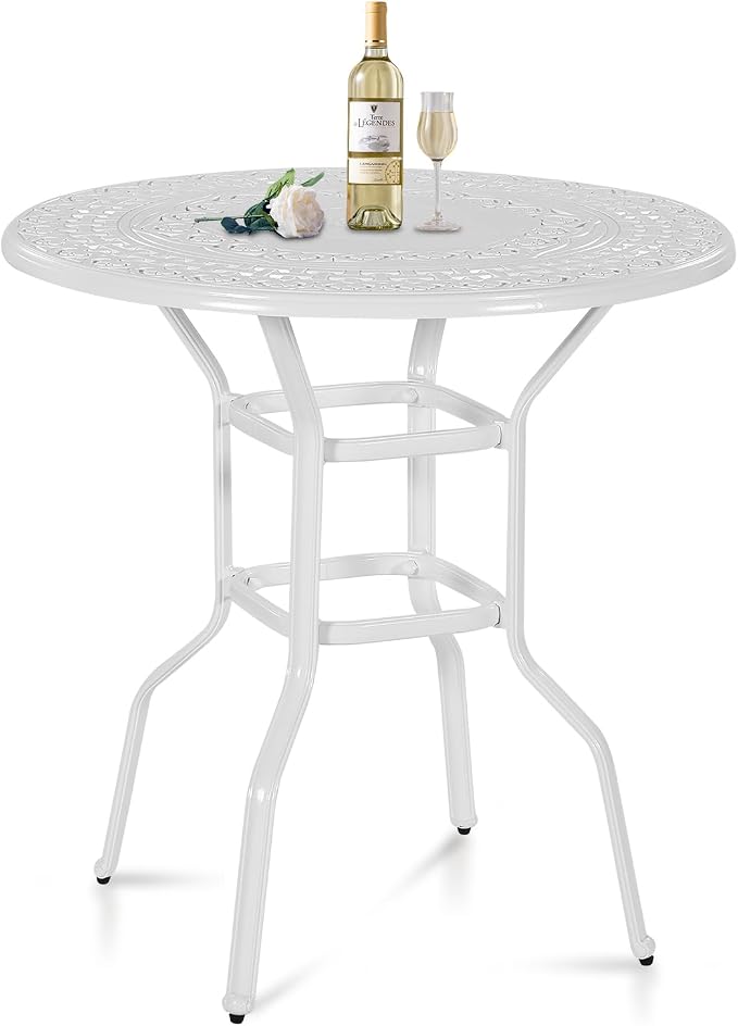 Cast Aluminum Patio Bar Table, 38.5" Outdoor Bar Height Bistro Table with 2" Umbrella Hole, Patio Bistro Round High Top Dining Table Pub Table for Porch Balcony Backyard, White