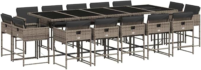 15 Piece Patio Dining Set with Cushions Gray Poly Rattan Outdoor Furniture Table and 14 Chairs for Backyard Garden Deck Entertaining UV Proof Glass Top