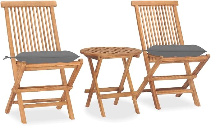3 Piece Folding Patio Dining Set with Cushion Solid Teak Wood Outdoor Table and Chairs for Garden Deck Balcony Space Saving Gray