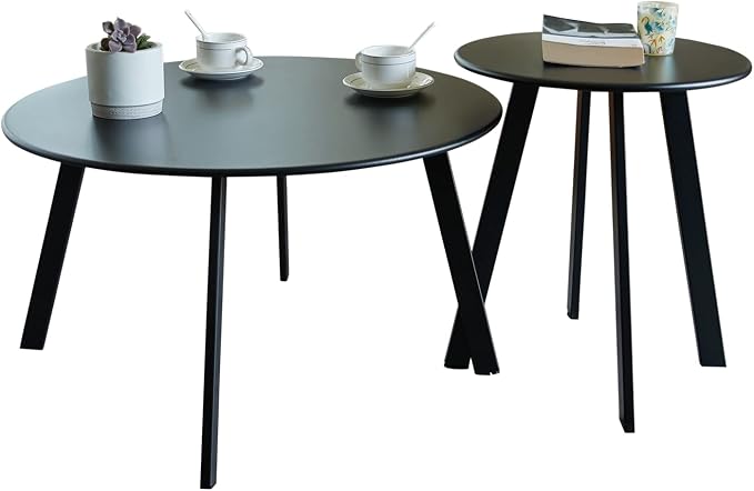 Meluvici Outdoor Patio Coffee Table Set of 2, Weather Resistant End Table, Round Nesting Tables for Living Room Balcony Office,Black
