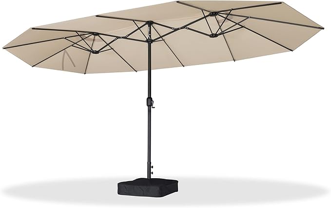 PURPLE LEAF 15ft Patio Market Umbrella with Base Double-Sided Rectangle Outdoor Table Sun Umbrellas with Crank 12 Heavy Duty Sturdy Ribs for Pool Beach Deck Backyard Khaki