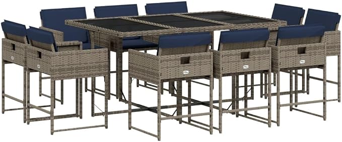 11 Piece Garden Dining Set with Cushions Grey Poly Rattan Outdoor Patio Table and 10 Folding Chairs Tempered Glass Top UV Resistant for Backyard Relaxation 110 kg Load Capacity