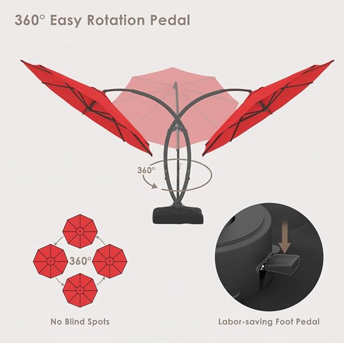 ENSTVER 11FT Cantilever Patio Umbrella With Base Included, Round Large Aluminum Outdoor Cantilever, Heavy Duty Offset Umbrella with 360°Rotation for Pool, Deck, Backyard, Garden(Red)