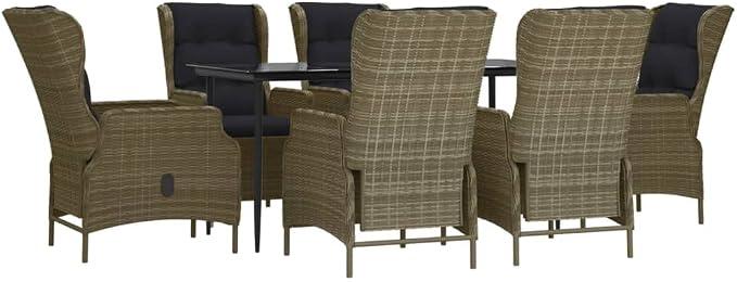 7 Piece Patio Dining Set with Adjustable Backrest, Brown Poly Rattan and Powder Coated Steel Frame, Tempered Glass Tabletop for Outdoor Garden