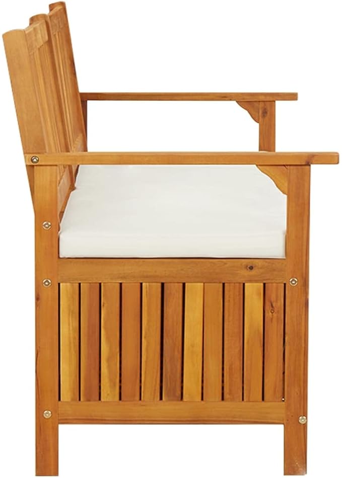 Patio Storage Bench with Cream White Cushion, Outdoor Wooden Deck Box, Solid Wood Patio Furniture for Outdoor Cushions, Pool Storage and Garden Tools, 58.3"x24.4"x33.1", -331