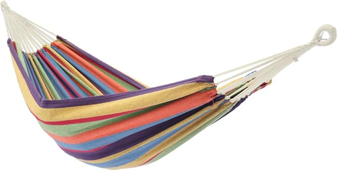 Portable Outdoor Hammock with Stand, Heavy Duty Steel Frame and Carrying Bag, Multi-Color Striped Polyester Fabric Hammock for Patio, Garden, Backyard & Camping, 250lbs Capacity