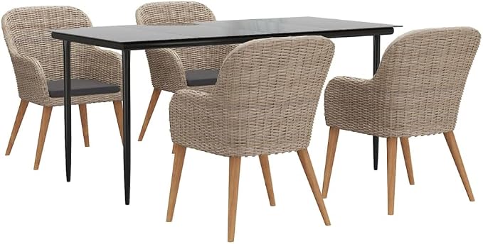 5 Piece Patio Dining Set with Cushions Brown Acacia Wood Outdoor Dining Table and Chairs Tempered Glass Top for Garden Backyard Porch Balcony Seating 4 People