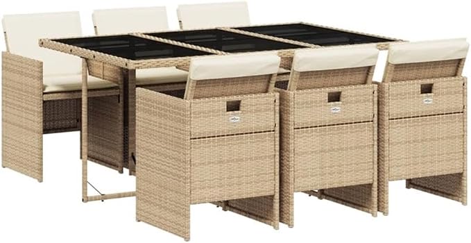 Afuera Living 7-Piece Rattan Patio Dining Set, Beige/Cream White, Weather-Resistant PE Rattan and Steel, Foldable 6-Seater with Cushioned High-Back Chairs, Modern Outdoor Garden Furniture for Dining