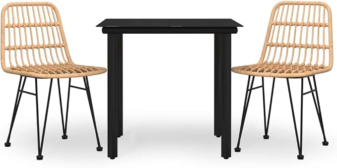 3 Piece Patio Dining Set, Poly Rattan Bistro Furniture for Garden, Balcony and Backyard, Includes Tempered Glass Table and 2 Comfortable Chairs