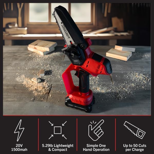 Mini Chainsaw - 5-Inch Chain Saw with 20V 1500mah Lithium Ion Battery, Charger, and Carry Case - Handheld Saw for Wood Cutting by Stalwart (Black/Red)