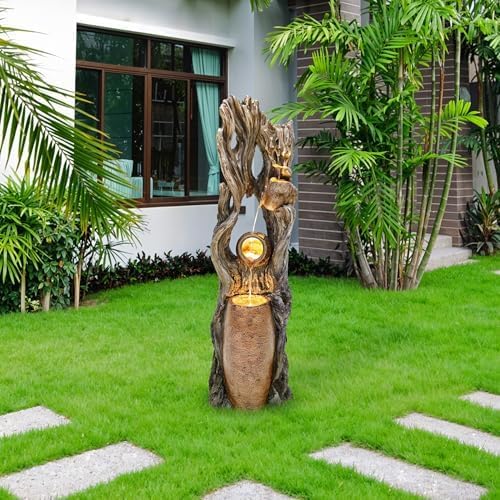 42.7in Tall Outdoor Water Fountain with LED Lights, 3-Tier Rainforest Waterfall Tree Trunk & Jar Design, Perfect for Serene Relaxing Patio, Yard and Porch Decor