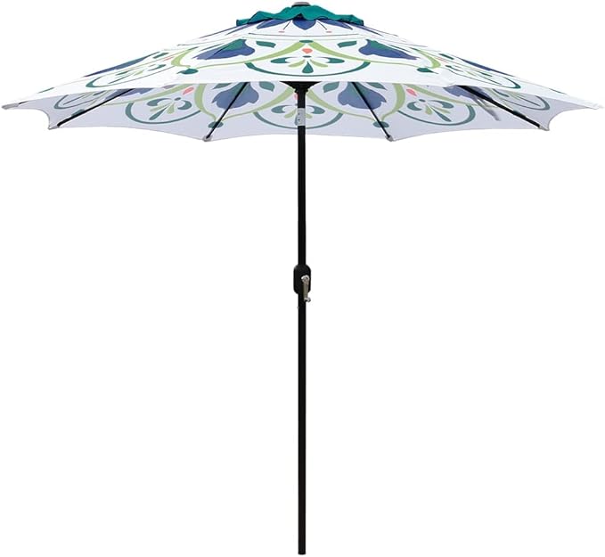 ABBLE Outdoor Patio Umbrella 9Ft Crank & Tilt Printed Market Umbrella for Picnic Table, Pool, Garden, Deck, Backyard and Beach