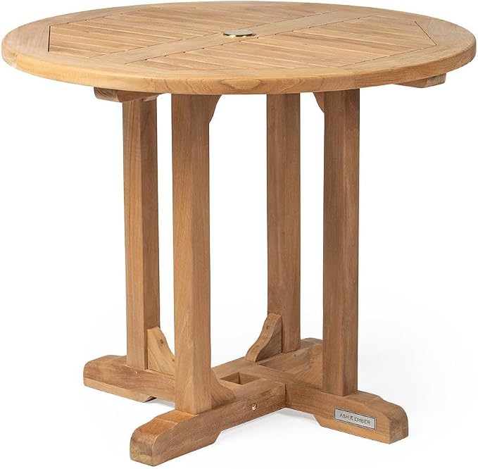 TITAN GREAT OUTDOORS Ash & Ember Luna Grade A Teak Round Dining Table, 35" Teak Wood Table, Weather-Resistant Premium Solid Wood Furniture, Fits Standard Patio Umbrellas, Fits 3 People Comfortably