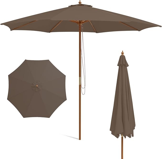 HAPPYGRILL 10 FT Wooden Patio Umbrella with Rope Pulley Lift, 8 Bamboo Ribs, 3 Adjustable Heights, Vented Roof, Outdoor Table Umbrella for Garden Poolside Backyard (Tan)