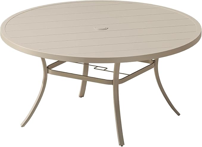 VICLLAX 60" Outdoor Round Patio Dining Table for 8-10, All Weather Metal Dining Table with Umbrella Hole for Deck Lawn Garden Backyard, Sandshell
