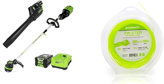 Greenworks Pro 80V Cordless Brushless String Trimmer + Leaf Blower Combo, 2Ah Battery and Charger Included STBA80L210 & 0.080" 200-Foot Twisted String Trimmer Line