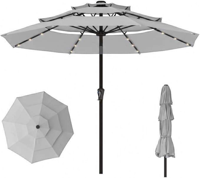 10ft 3-Tier Patio Umbrella with 32 Solar Powered LED Lights, Windproof Outdoor Market Umbrella for Deck, Poolside & Garden, Sturdy Push-Button Tilt Table Umbrella, Light Gray