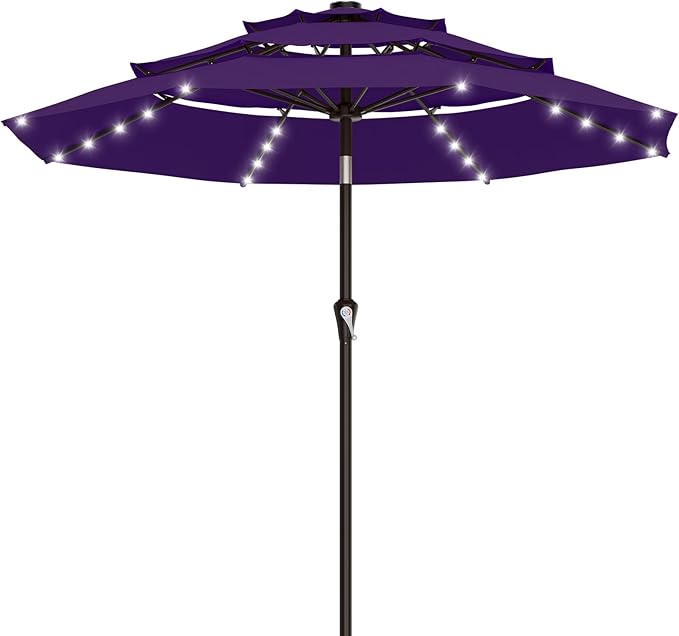 AreShark 9ft 3 Tiers Patio Umbrella with Solar Lights, Outdoor Umbrella w/ 32 LED Lights&8 Sturdy Ribs, Table Umbrella for Deck, Backyard, Pool (Dark Purple)