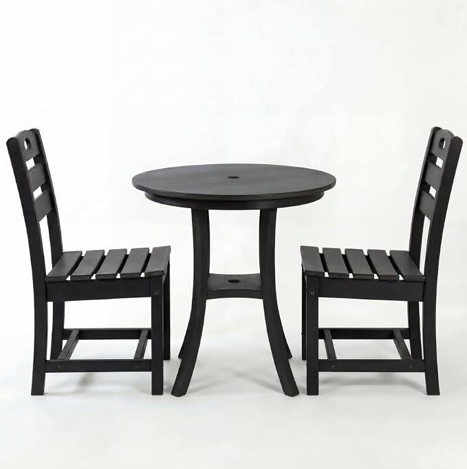 3-Pcs Outdoor Patio Dining Table Set of 3, Outdoor Patio Round 29.72'' Dining Table Bistro Set and Armless Chair for Lawn Garden Backyards, HDPE Material & 1.96'' Umbrella Hole, Black
