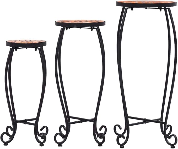 Set of 3 Mosaic Side Tables, Terracotta Ceramic Top with Black Iron Frame, Round Accent Table for Patio, Garden, Balcony, Plant Stand Display
