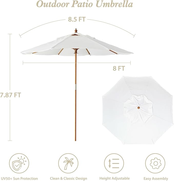 AMMSUN 8.5ft Luxury Premium Boho Patio Umbrella Wood Pole Fancy Bali-style Outdoor Umbrellas UPF 50+ Sun Protection with Pulley Lift Air Vent Tassel Fringe for Garden, Pool, Deck, Beach, Backyard, Events