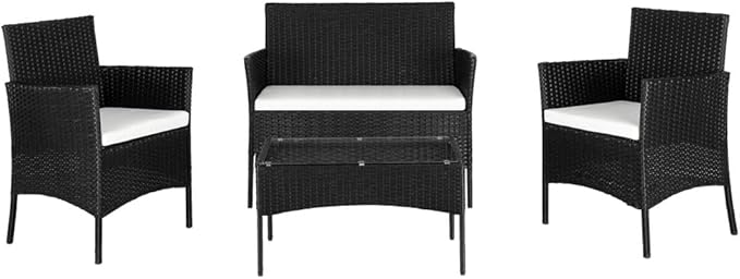 Patio Furniture Set,4 Piece Outdoor Patio Conversation Set with Cushions,All-Weather PE Rattan Sectional Patio Sofa Set with 5mm Thick Tempered Glass Coffee Table,Black
