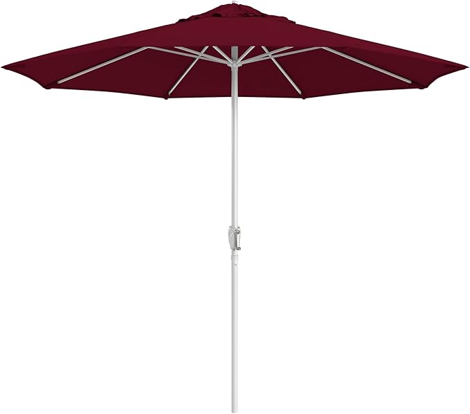 California Umbrella 10-Year Protection 9 Ft Outdoor Patio Umbrella, Pacifica Fade-Resistant Fabric, Auto-Tilt, Heavy Duty Aluminum Frame, 8 Reinforced Ribs for Pool or Deck, White Pole, Burgundy