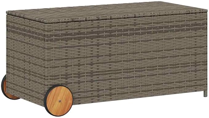 Large 50.4 Gallon Garden Storage Box with Wheels, Grey PE Rattan Woven Outdoor Patio Storage for Cushions and Blankets
