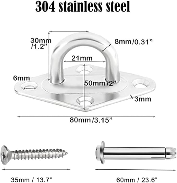 TooTaci Hammock Hooks Heavy Duty, 1000lb Capacity M8 304 Stainless Steel Pad Eye, Hammock Hanging Kit with Screw Bolts, Hammocks Wall Mount Ceiling Hook for Indoor Outdoor, Swing Chairs Hanging