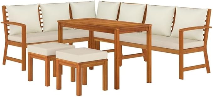 Afuera Living 7-Piece Garden Dining Set, Solid Acacia Wood, Cream White Cushions, Modular Design, Oiled Finish, Outdoor Patio Furniture, Seats 6, Includes Benches, Corner Sofa, Footstools, Dining