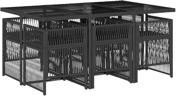 7 Piece Patio Dining Set with Cushions Black Poly Rattan Outdoor Table and 6 Chairs for Garden Backyard Deck Dining Entertainment Tempered Glass Top Foldable Space Saving UV Proof 242.5 lb Capacity