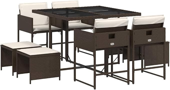 9 Piece Patio Dining Set with Cushions Brown Poly Rattan Outdoor Rattan Furniture Set with Folding Chairs, Space-Saving Design, Glass Tabletop for Garden Backyard Poolside Entertaining, 242. 5 lb