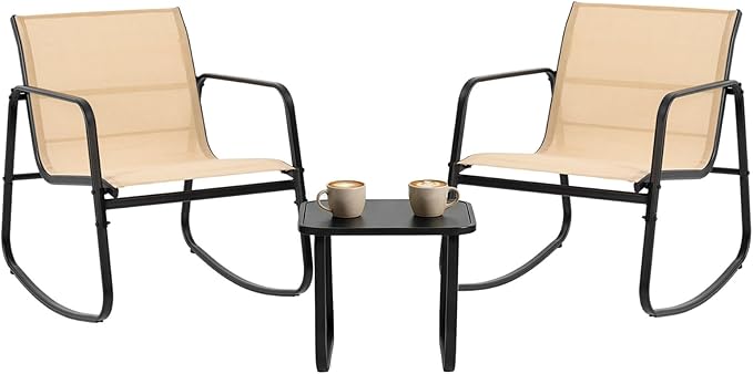 DUMOS 3 Piece Patio Rocking Furniture Set，Outdoor Patio Furniture Conversation Set with Table, Patio Sectional Bistro Sets for Lawn, Garden, Balcony, Poolside (Brown)