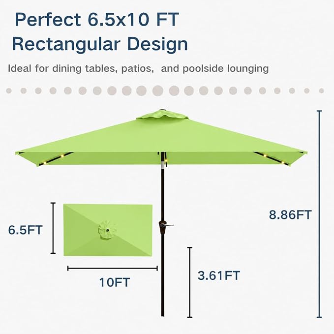 6.5 x 10ft Rectangular Patio Umbrella with Solar Lights, 16 LED Lighted Market Umbrella with Push-Button Tilt and Crank, 6 Sturdy Iron Ribs for Garden, Deck, Pool, Apple Green