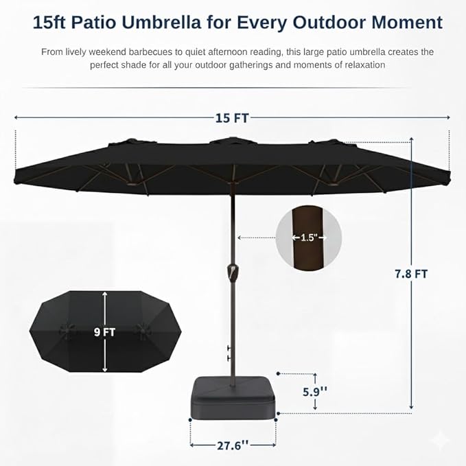 15FT Large Patio Umbrella with Base, Double Sided Rectangular Outdoor Umbrella with Sturdy Fiberglass Ribs, UPF 50+ Sun Protection, Wind-Resistant, Waterproof Fade-Resistant Fabric for Pool, Garden, Backyard, Deck(Black)