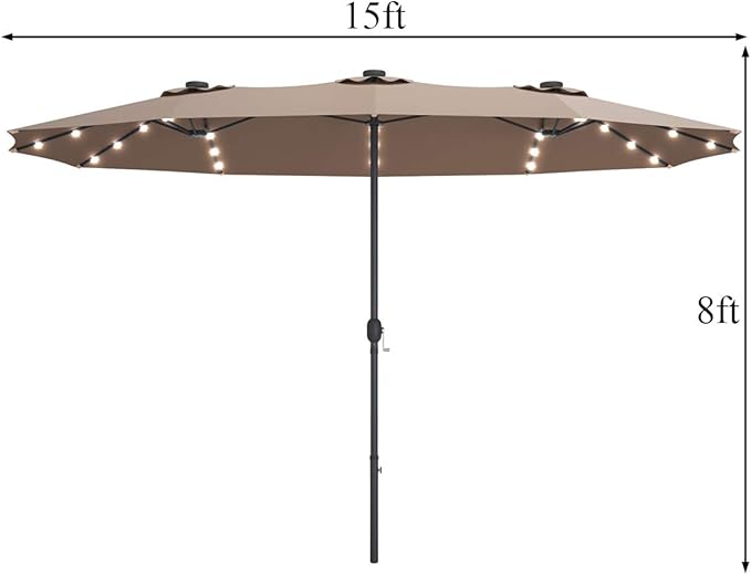Tangkula 15 Ft Double Sided Patio Umbrella with Solar Lights, Extra Large Rectangle Outdoor Umbrella with 36 LED Lights & Crank Handle for Deck, Poolside, Garden, Backyard (Tan)