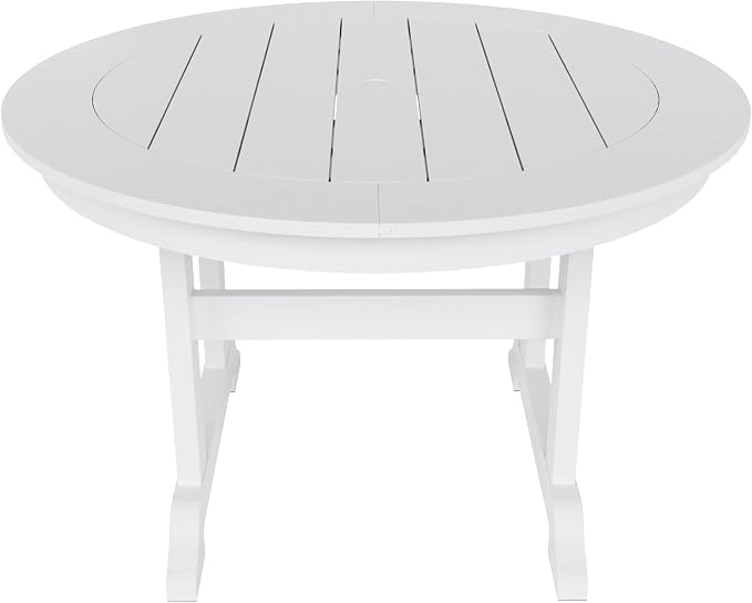 WestinTrends Malibu Patio Dining Table, All Weather Poly Lumber Adirondack 47" Trestle Round Outdoor Table with Umbrella Hole, White