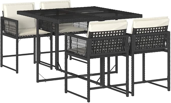 5 Piece Patio Dining Set with Cushions, Black Poly Rattan Outdoor Furniture for Garden Backyard, Space-Saving Foldable Chairs with Cream White Cushions and Tempered Glass Table
