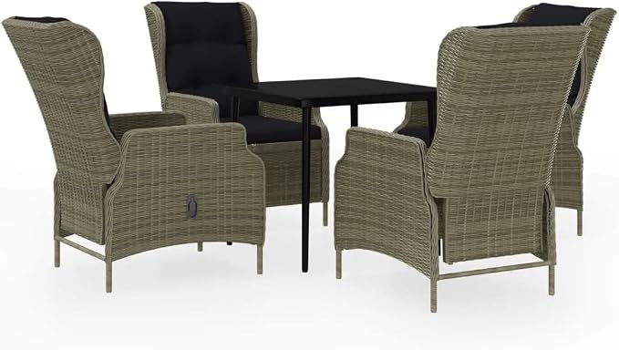 5 Piece Patio Dining Set Brown Wicker Rattan Outdoor Furniture Set with Reclining Chairs and Cushions Glass Table for Garden Backyard Deck Entertaining