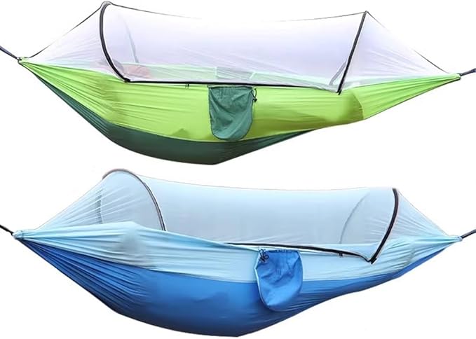 2 Pieces Double Hammocks, Camping Portable Hanging Bed with Protective Mesh, Anti-Rollover/Storage Bag, Load Bearing 150kg/330.7lbs(Green+Blue)