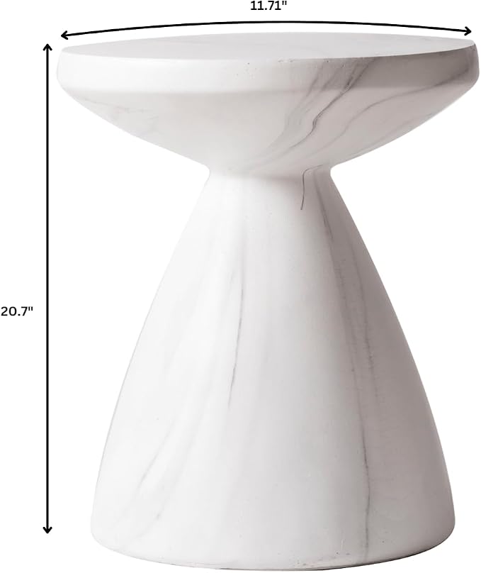 LeisureMod Modern Side Lightweight Fiberstone Top 20” Round Accent Table and Hourglass Pedestal Base for Outdoor, Home, Living Room Dune Series in Marble White