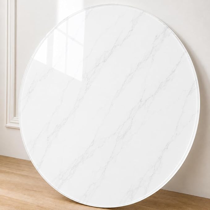 24" Round Tempered Glass Table Top, 5/16" (8mm) Thick, Marble Pattern Replacement, Heavy-Duty, Heat & Scratch Resistant for Coffee, Dining & Patio Tables, White