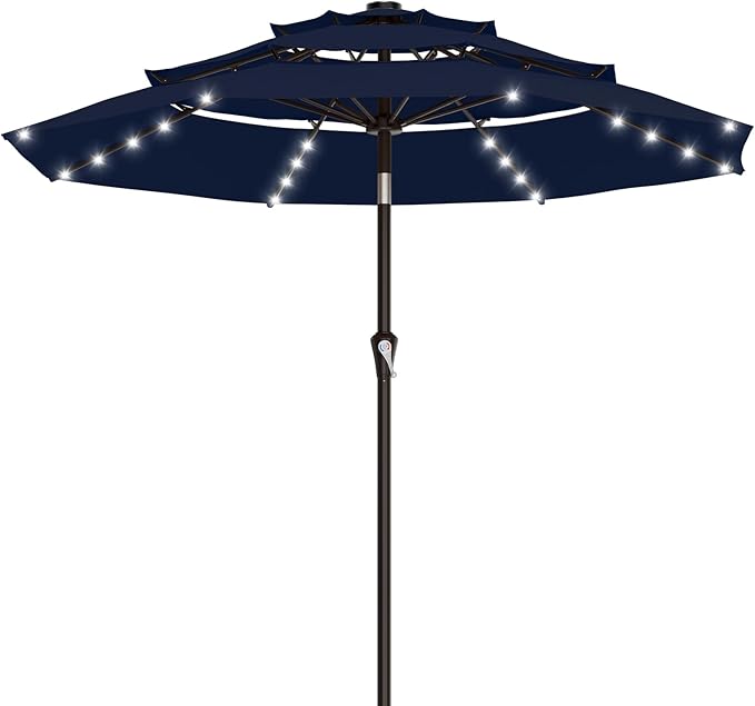 AreShark 9ft 3 Tiers Patio Umbrella with Solar Lights, Outdoor Umbrella w/ 32 LED Lights&8 Sturdy Ribs, Table Umbrella for Deck, Backyard, Pool (Navy)